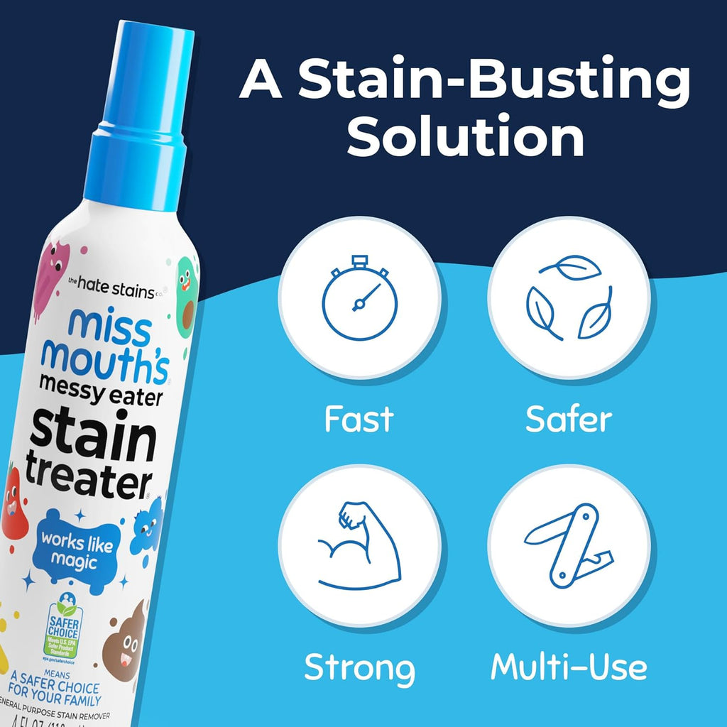 Messy Eater Stain Treater Spray - 4Oz Stain Remover - Newborn & Baby Essentials - No Dry Cleaning Food, Grease, Coffee off Laundry, Underwear, Fabric