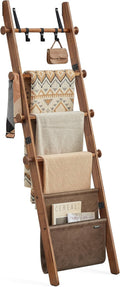 Blanket Ladder for Living Room, 5-Tier Wooden Ladder Shelf, Decorative Farmhouse Blanket Rack with Synthetic Leather Bag, Metal Hooks, Side Hooks, for Bedroom, Caramel Brown ULLS022K01