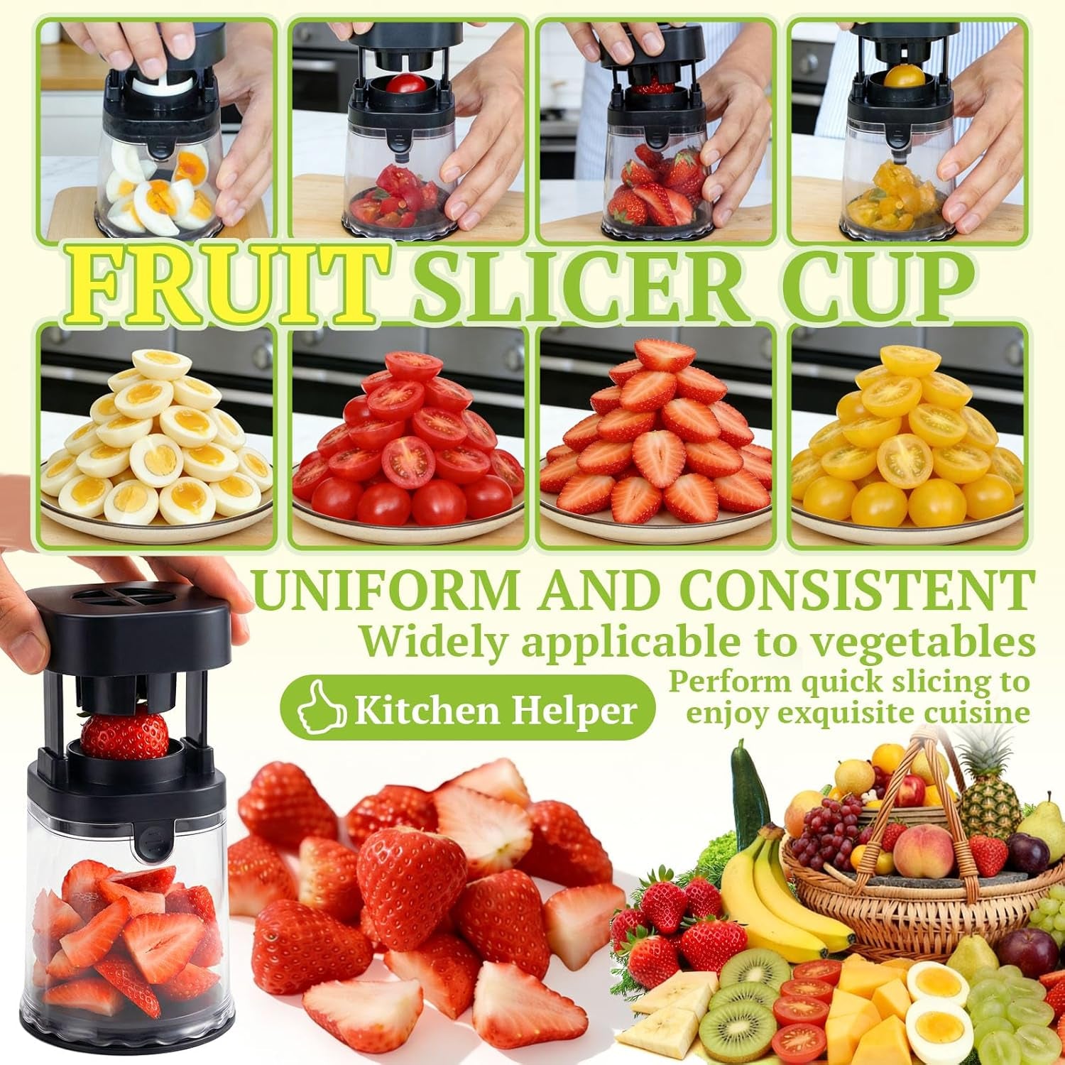 Fruit Slicer Cup, Strawberry Slicer Grape Cutter Cup with Stainless Steel Blades, Egg Slicer Kitchen Gadgets Speed Cutters for Banana Grape Egg