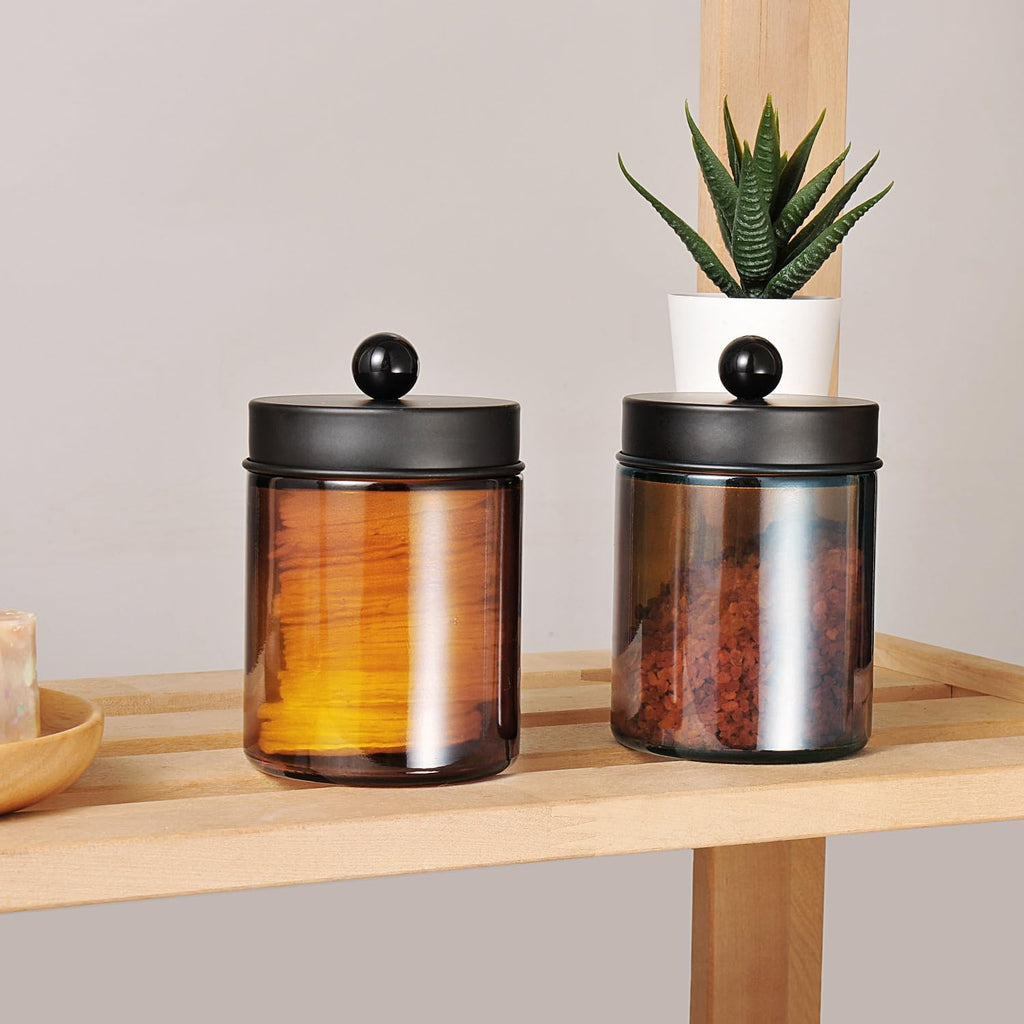 Amber Glass Qtip Holder, Apothecary Jars with Matte Black Metal Lid & Stickers-Bathroom Qtip Dispenser Storage Organizer Set,Vanity Counter Canister for Cotton Swabs,Round Pads,Floss (2 Pack)