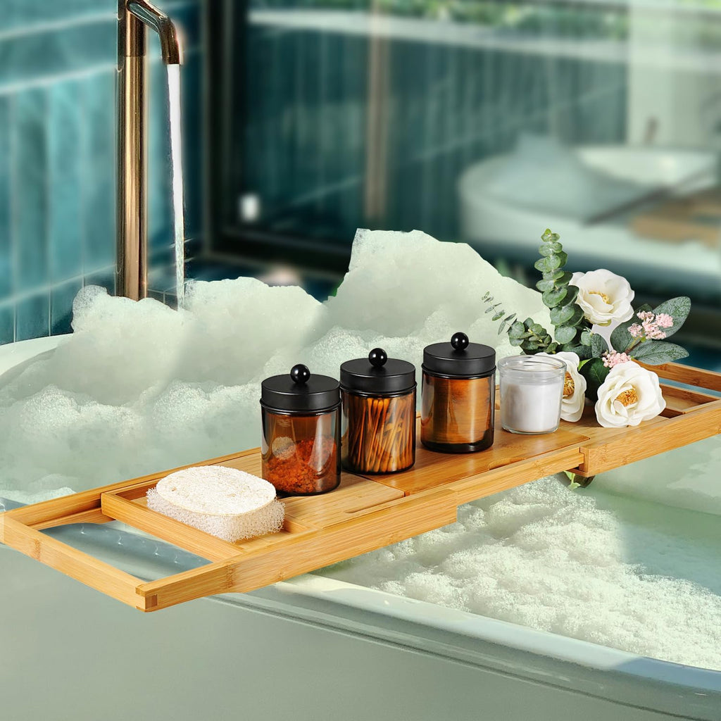 Amber Glass Qtip Holder, Apothecary Jars with Matte Black Metal Lid & Stickers-Bathroom Qtip Dispenser Storage Organizer Set,Vanity Counter Canister for Cotton Swabs,Round Pads,Floss (2 Pack)