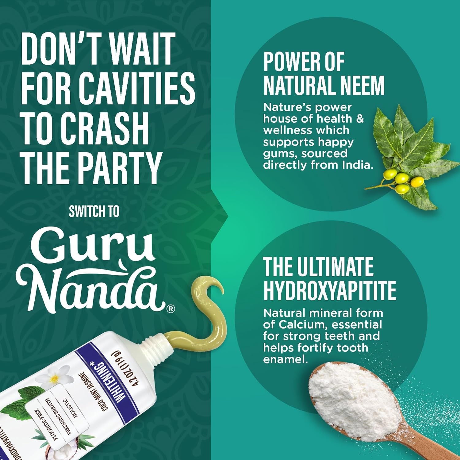 Hydroxyapatite Toothpaste for Whitening with Neem & Xylitol, SLS & Fluoride Free Formula with Tongue Scraper & Squeezer - Freshens Breath, Fights Plaque - Natural Cocomint Jasmine, 4.2Oz