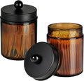 Amber Glass Qtip Holder, Apothecary Jars with Matte Black Metal Lid & Stickers-Bathroom Qtip Dispenser Storage Organizer Set,Vanity Counter Canister for Cotton Swabs,Round Pads,Floss (2 Pack)
