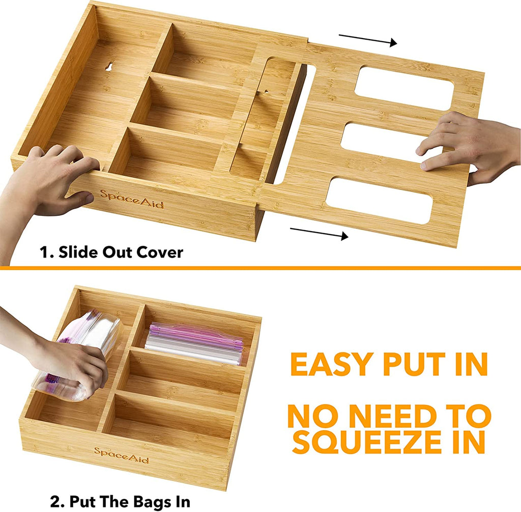 Bag Storage Organizer for Kitchen Drawer, Bamboo Organizer, Compatible with Gallon, Quart, Sandwich and Snack Variety Size Bag (1 Box 4 Slots)