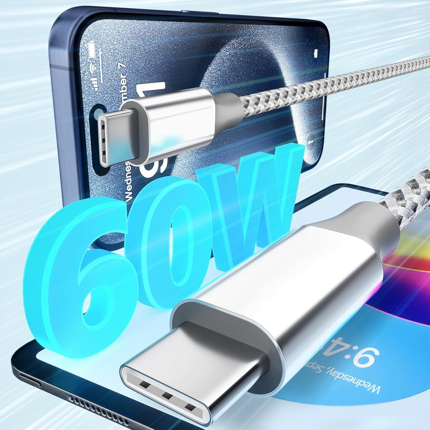 USB C Cable，3 Pack 10FT 60W Fast Charging USB C to USB C Cable, Durable Type C Charger Cable for Iphone 17/16/15/Ipad Macbook Carplay and More-Grey White