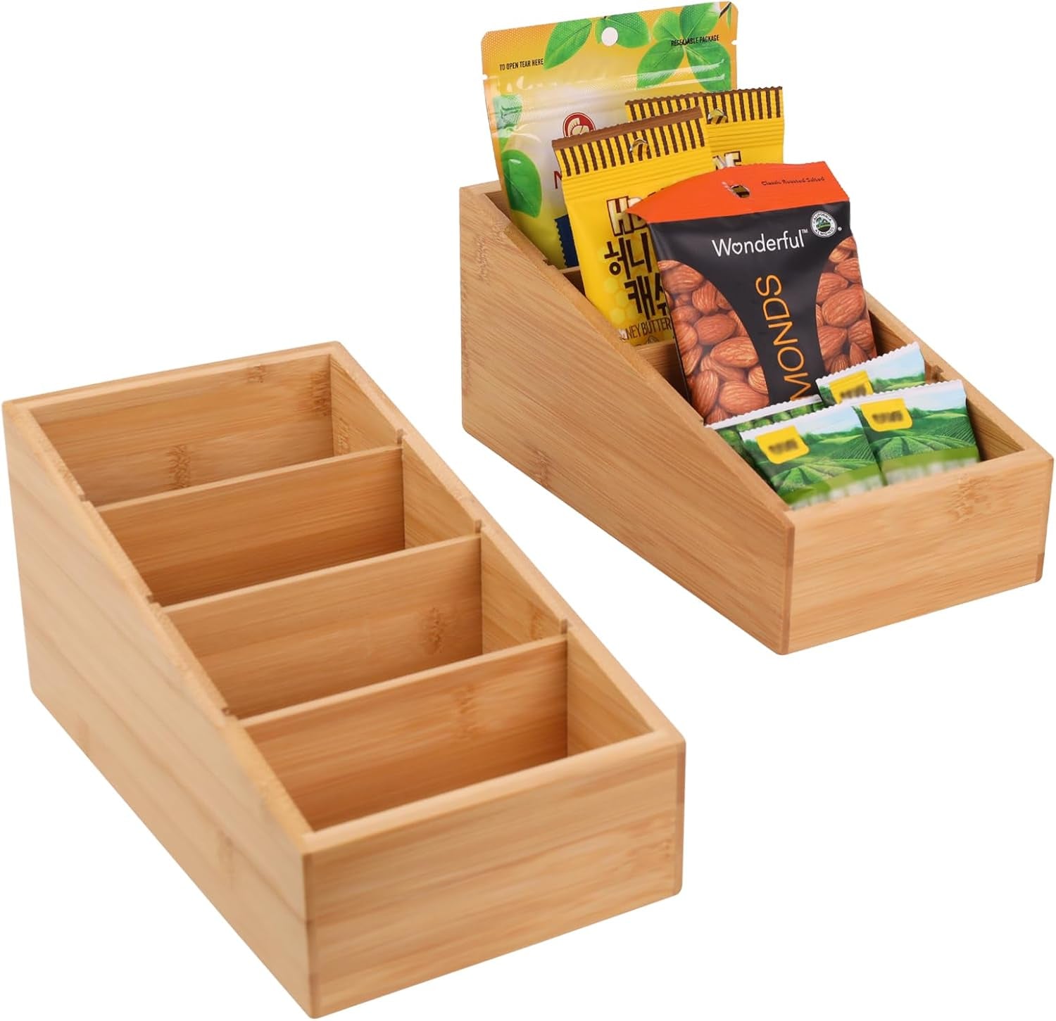 4-Section Snack Organizer with Removable Dividers for Kitchen, Cabinet, Office, Countertop, 2 Pack Bamboo Pantry Storage Organization for Spice Packets, Seasoning Pouches, Coffee Pods