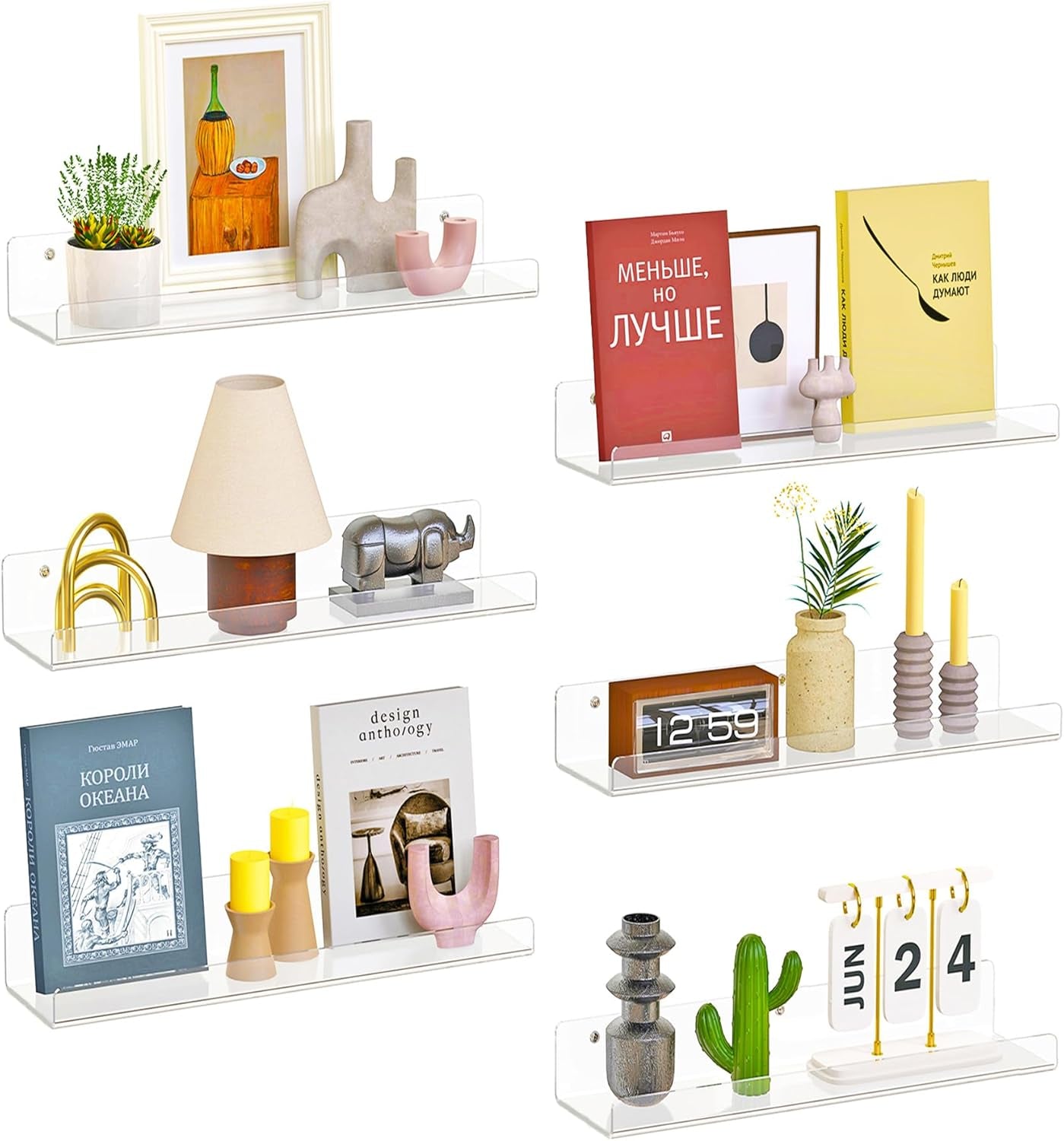 6 Pack Floating Shelves for Wall, 15" Clear Book Shelf, Acrylic Floating Wall Shelf, Display Shelves Organizer for Bathroom, Classroom, Bedroom, Living Room, Kitchen, Room Decor