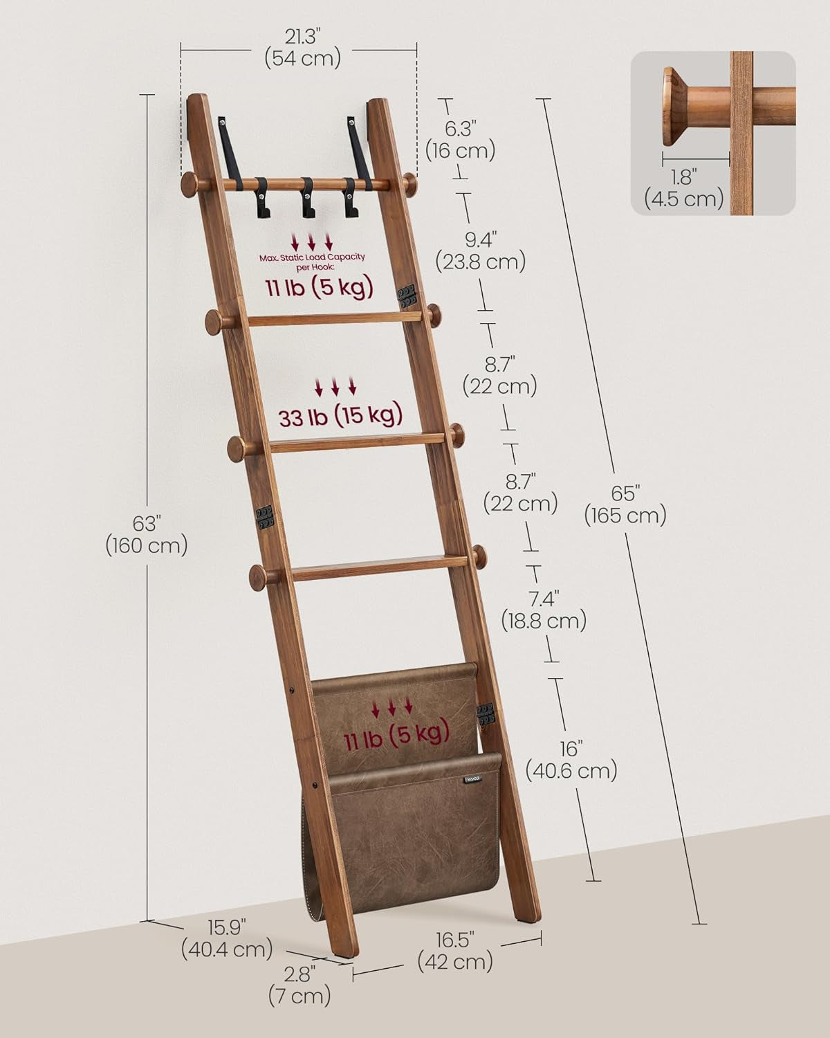 Blanket Ladder for Living Room, 5-Tier Wooden Ladder Shelf, Decorative Farmhouse Blanket Rack with Synthetic Leather Bag, Metal Hooks, Side Hooks, for Bedroom, Caramel Brown ULLS022K01
