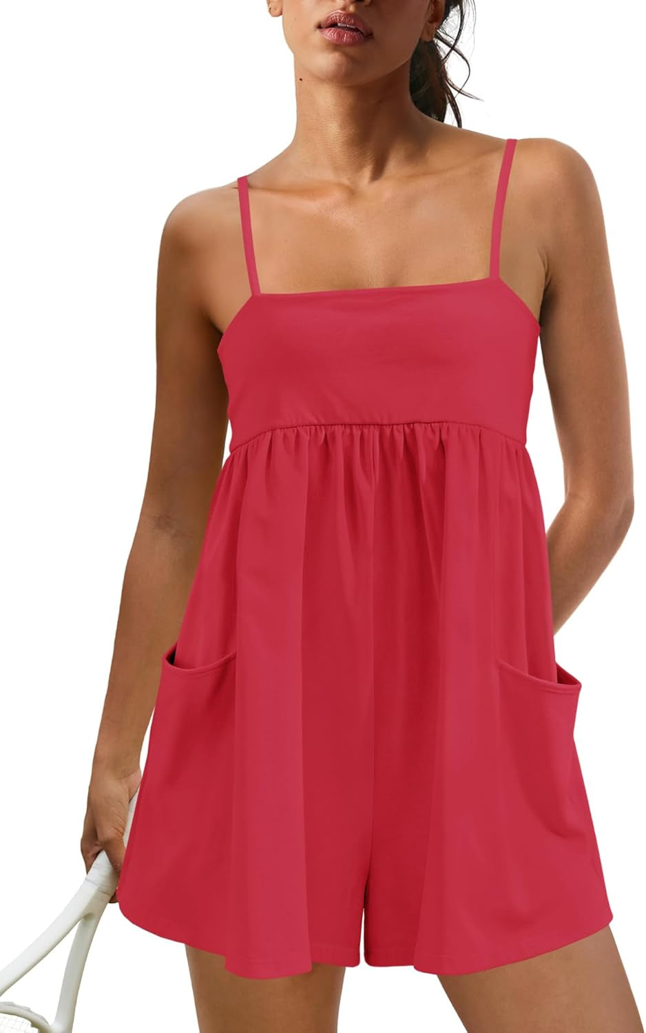Womens Summer Rompers Beach Vacation Clothes Spaghetti Strap Short Jumpsuits Square Neck Dress with Pockets