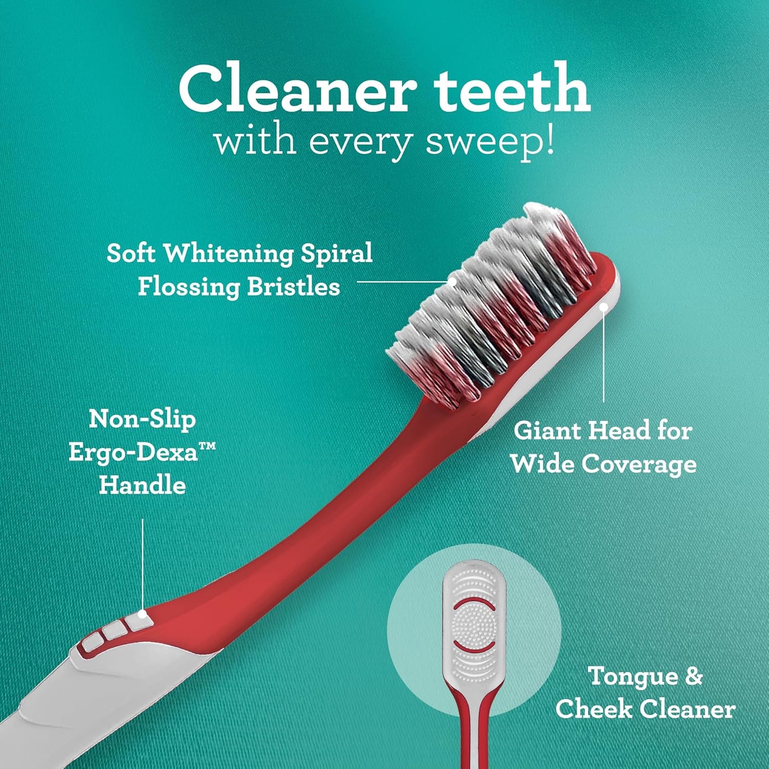 Gentle Giant Toothbrush with Dual Action Flossing Spiral Bristles, Non-Slip Ergo Dexa Grip, Helps in Teeth Whitening, BPA Free Manual Toothbrushes, Assorted Colors, 4 Count