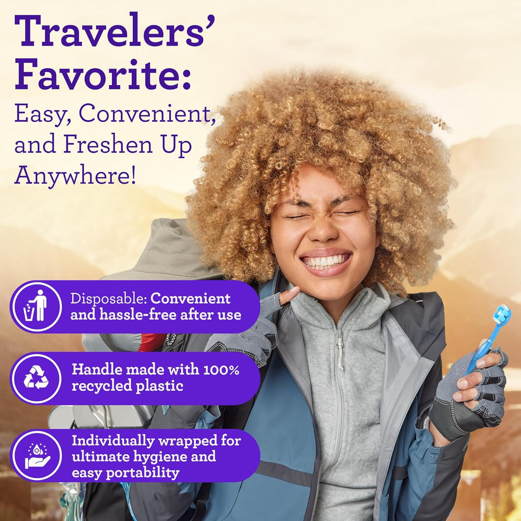 Ready-To-Go Disposable Mini Travel Toothbrush - Butter on Gums Softex Bristles, Prepasted Toothbrush & Toothpick - Fluoride-Free, No Rinsing Needed, Individually Wrapped, 70 Ct