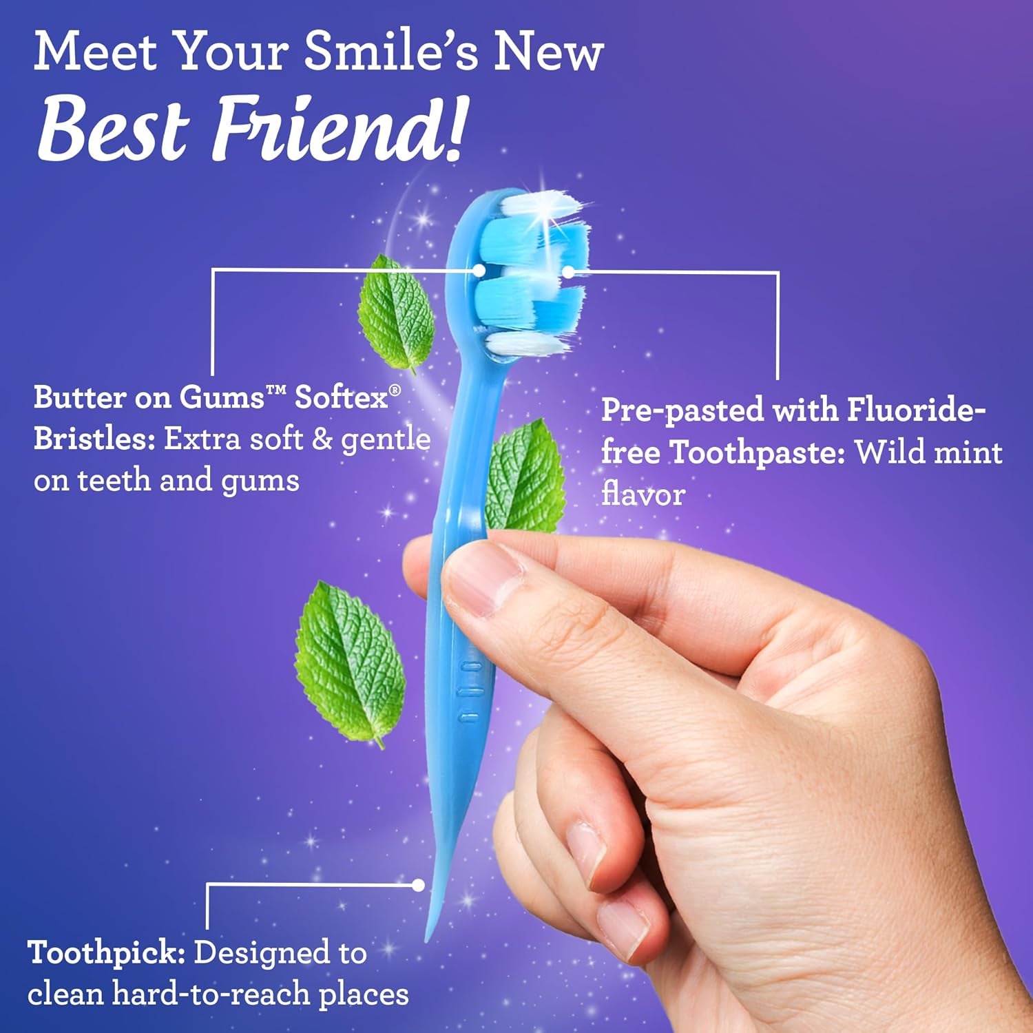 Ready-To-Go Disposable Mini Travel Toothbrush - Butter on Gums Softex Bristles, Prepasted Toothbrush & Toothpick - Fluoride-Free, No Rinsing Needed, Individually Wrapped, 70 Ct