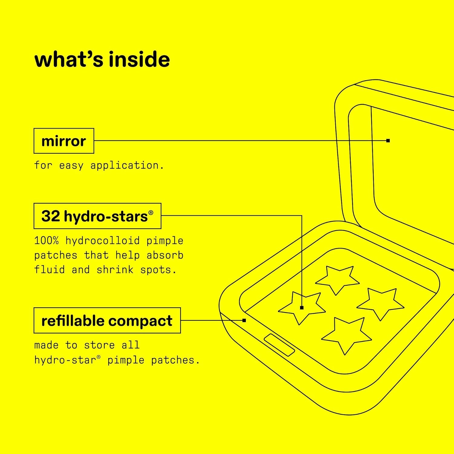 Hydro-Star Pimple Patches + Big Yellow Compact, Clinically Proven Spot Shrinking in 6 Hours, Absorb Fluid and Reduce Redness, Hydrocolloid, Vegan and Cruelty-Free Skincare (32 Count)