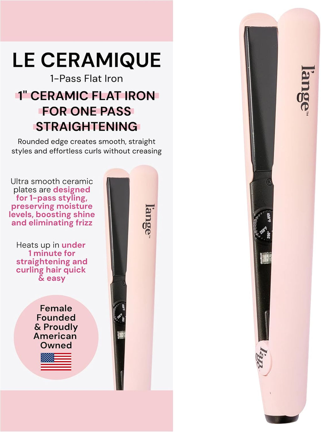 Le Ceramique 1-Pass Flat Iron Hair Straightener | Fast Heating Ceramic Flat Iron | Best Hot Tools Professional Hair Straightener to Lock in Moisture & Shine | (Blush)