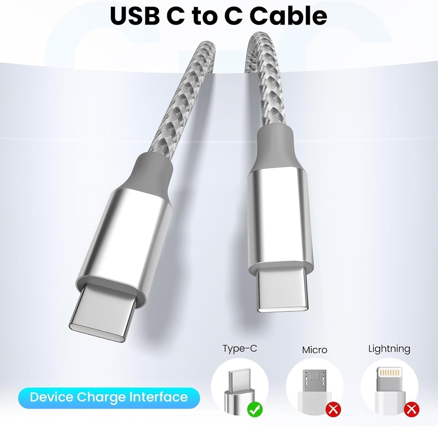 USB C Cable，3 Pack 10FT 60W Fast Charging USB C to USB C Cable, Durable Type C Charger Cable for Iphone 17/16/15/Ipad Macbook Carplay and More-Grey White