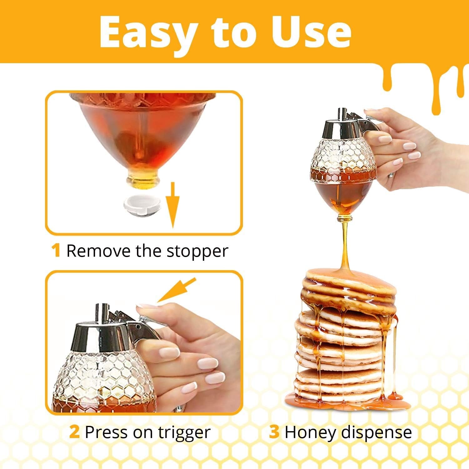 Honey Dispenser – No Drip Glass with Stand – Honey Jar – Clear Glass Honey Container with Dipper 8 Oz – Maple Syrup Dispenser – Honey Pot with Stand – Honey Bottle with Flip Top Lid