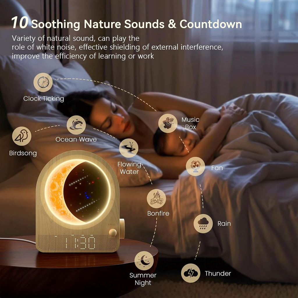 Sunrise Alarm Clocks for Bedrooms, Stepless Dimmable Moon Lamp Dual Alarm Clock with 12Levels Volume for Heavy Sleepers, 10 Natural Sounds with 30/60/90Mins Timer, Gifts for Women