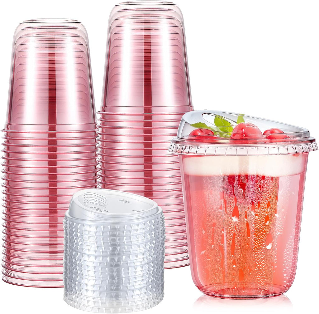 50 Sets Clear Plastic Coffee Cups with Sip Lids, Disposable Plastic PET Crystal Cups for Iced Coffee, Smoothie, Cold Beverage, Drink Shops and Party Catering (Clear Pink,14 Oz)
