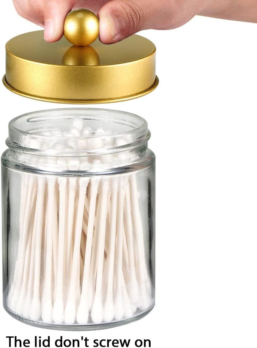 Apothecary Jars Bathroom Storage Organizer -Countertop Storage Organizer Canister Jar - Cute Qtip Dispenser Holder Glass with Lid- for Cotton Swabs,Bath Salts,Hair Band / 2-Pack(Gold)