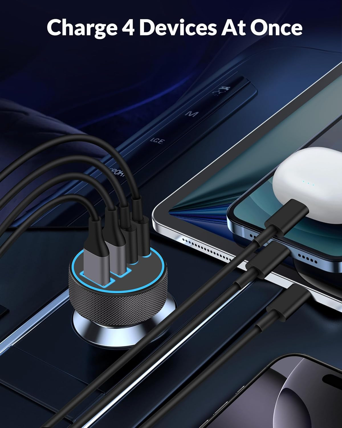 Iphone 17 16 15 Car Charger Fast Charging, 90W 4-Port USB C Fast Car Charger Cigarette Lighter Adapter with 240W 3FT USB-C Cable for Iphone 17/Air/17 Pro/17E/16/15 Pro Max/Plus/16E, Ipad, Android