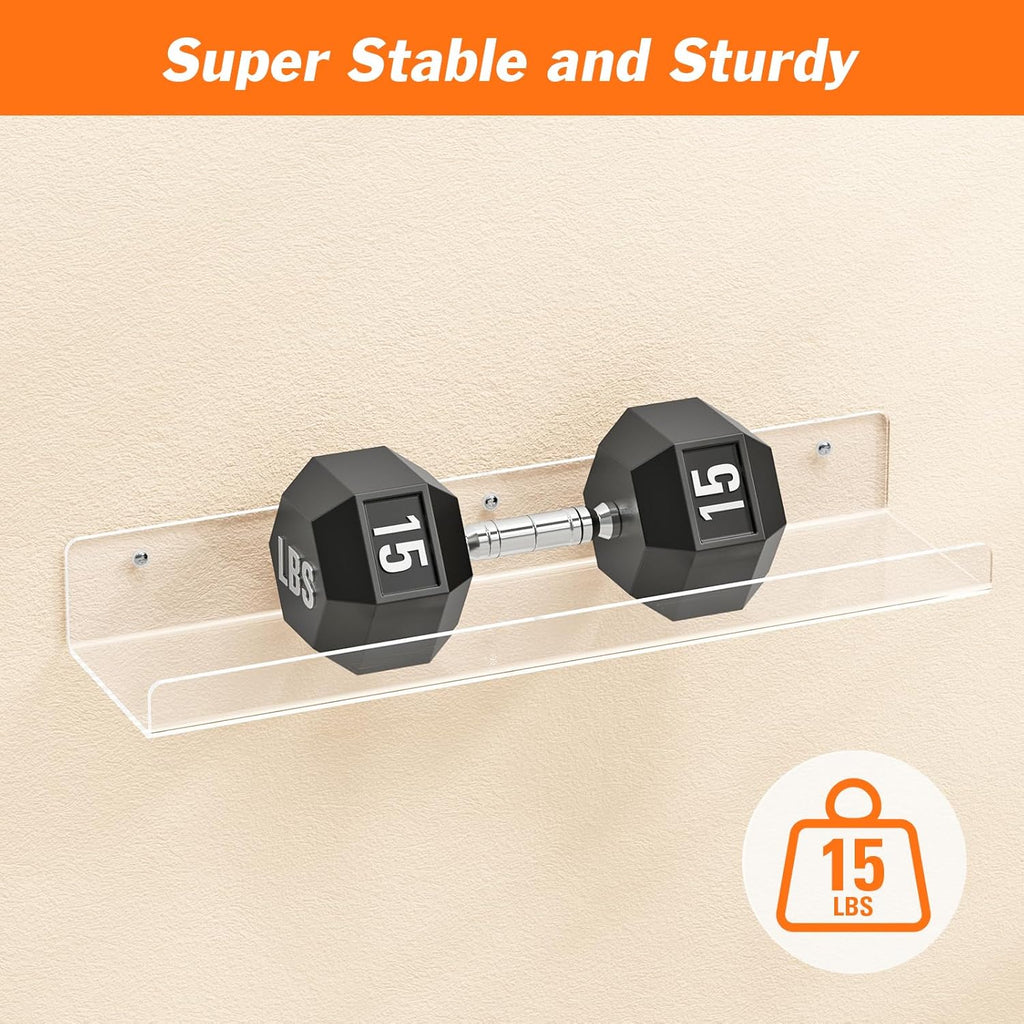 6 Pack Floating Shelves for Wall, 15" Clear Book Shelf, Acrylic Floating Wall Shelf, Display Shelves Organizer for Bathroom, Classroom, Bedroom, Living Room, Kitchen, Room Decor
