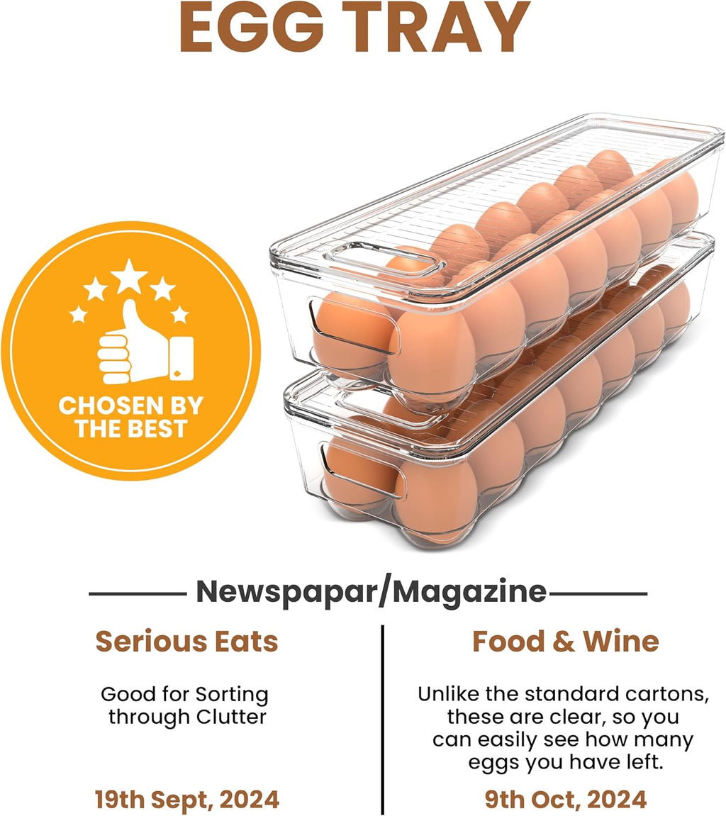 Egg Container with Lid and Handle for Refrigerator Organization- Pack of 2 - Clear Stackable Egg Holder for Kitchen or Pantry Organizers and Storage