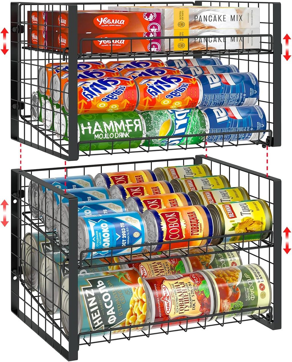 2-Tier Stackable Can Rack Organizer for Pantry, Adjustable Can Dispenser Holds up to 60 Cans, Can Storage Holder for Various Ounces of Canned Food Soda Drinks, Black, 2 Pack