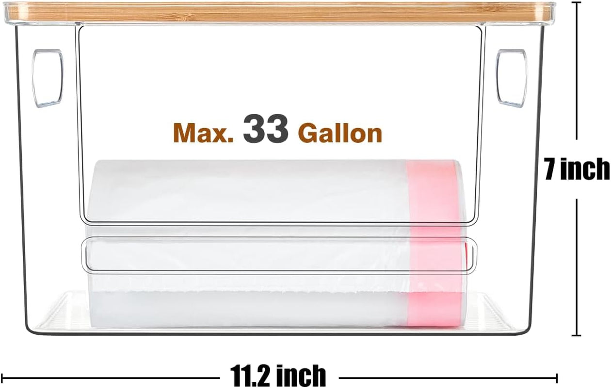 Trash Bag Holder, Acrylic Garbage Bag Dispenser with Bamboo Top, Extra Large Trash Bags Dispenser under Sink for Kitchen, Pantry, Laundry Room, Cabinet Organizer and Storage (1 PACK)
