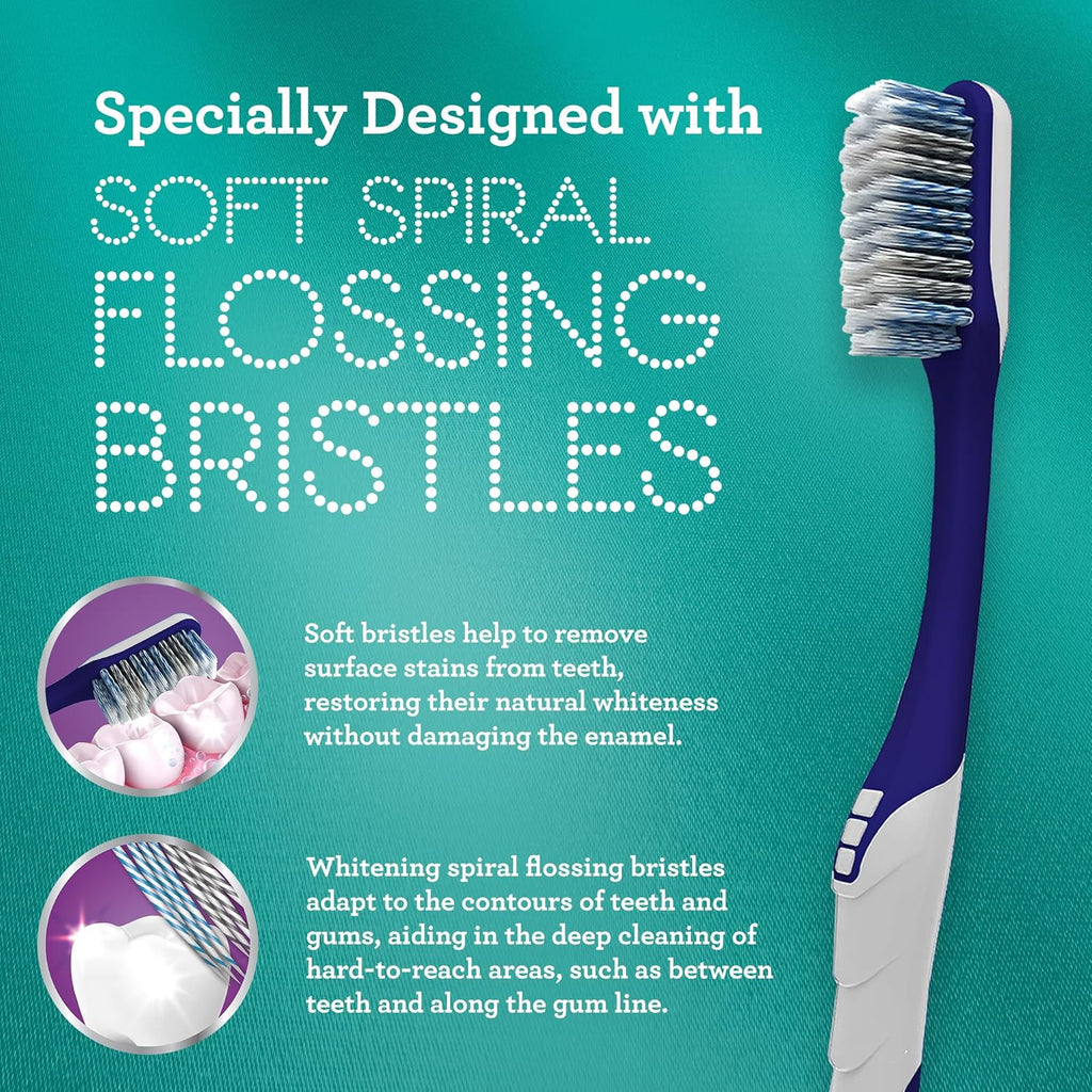 Gentle Giant Toothbrush with Dual Action Flossing Spiral Bristles, Non-Slip Ergo Dexa Grip, Helps in Teeth Whitening, BPA Free Manual Toothbrushes, Assorted Colors, 4 Count