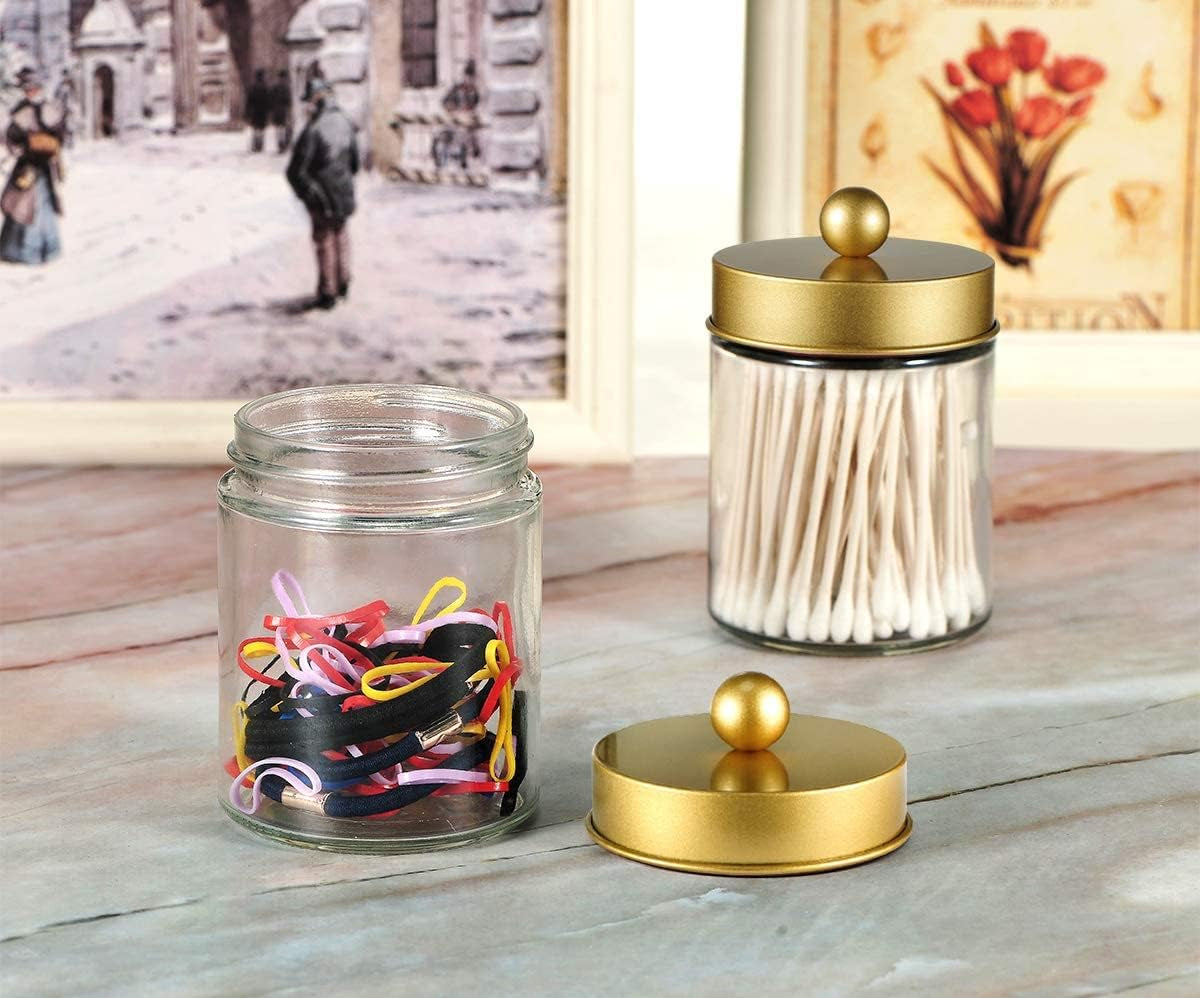 Apothecary Jars Bathroom Storage Organizer -Countertop Storage Organizer Canister Jar - Cute Qtip Dispenser Holder Glass with Lid- for Cotton Swabs,Bath Salts,Hair Band / 2-Pack(Gold)