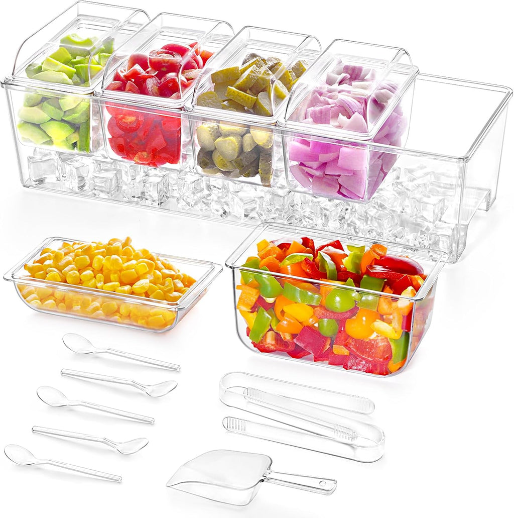 Taco Bar Serving Set for Party with 5 X 20 Oz Containers & Components, Ice Chilled Condiment Caddy Organizer, Garnish Serving Tray Platter for Mimosa Bar Accessories, Fruit, Salad, Food