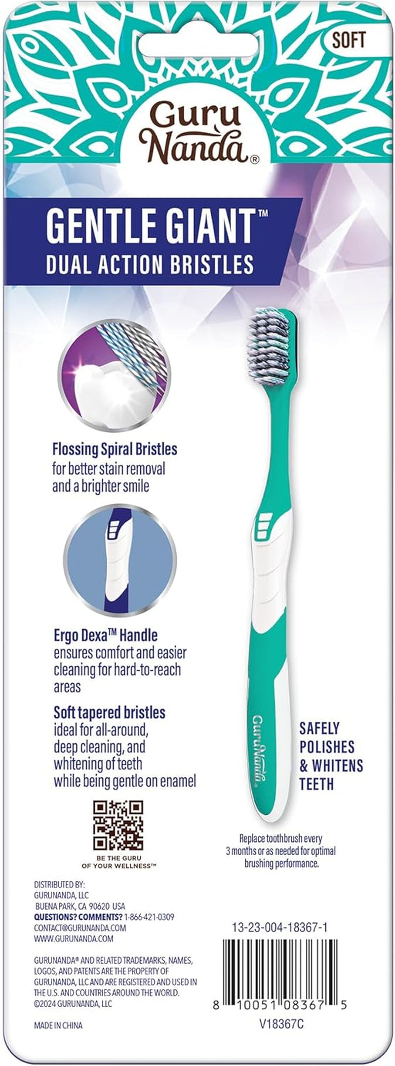 Gentle Giant Toothbrush with Dual Action Flossing Spiral Bristles, Non-Slip Ergo Dexa Grip, Helps in Teeth Whitening, BPA Free Manual Toothbrushes, Assorted Colors, 4 Count