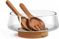 Extra Large Glass Salad Bowl Set - Party Salad Bowls with Acacia Wood Base and Serving Utensils - Elegant and Practical Kitchen Must-Have