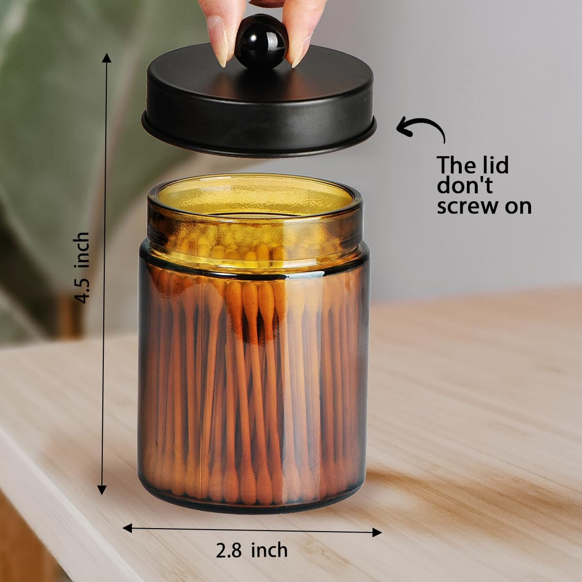 Amber Glass Qtip Holder, Apothecary Jars with Matte Black Metal Lid & Stickers-Bathroom Qtip Dispenser Storage Organizer Set,Vanity Counter Canister for Cotton Swabs,Round Pads,Floss (2 Pack)