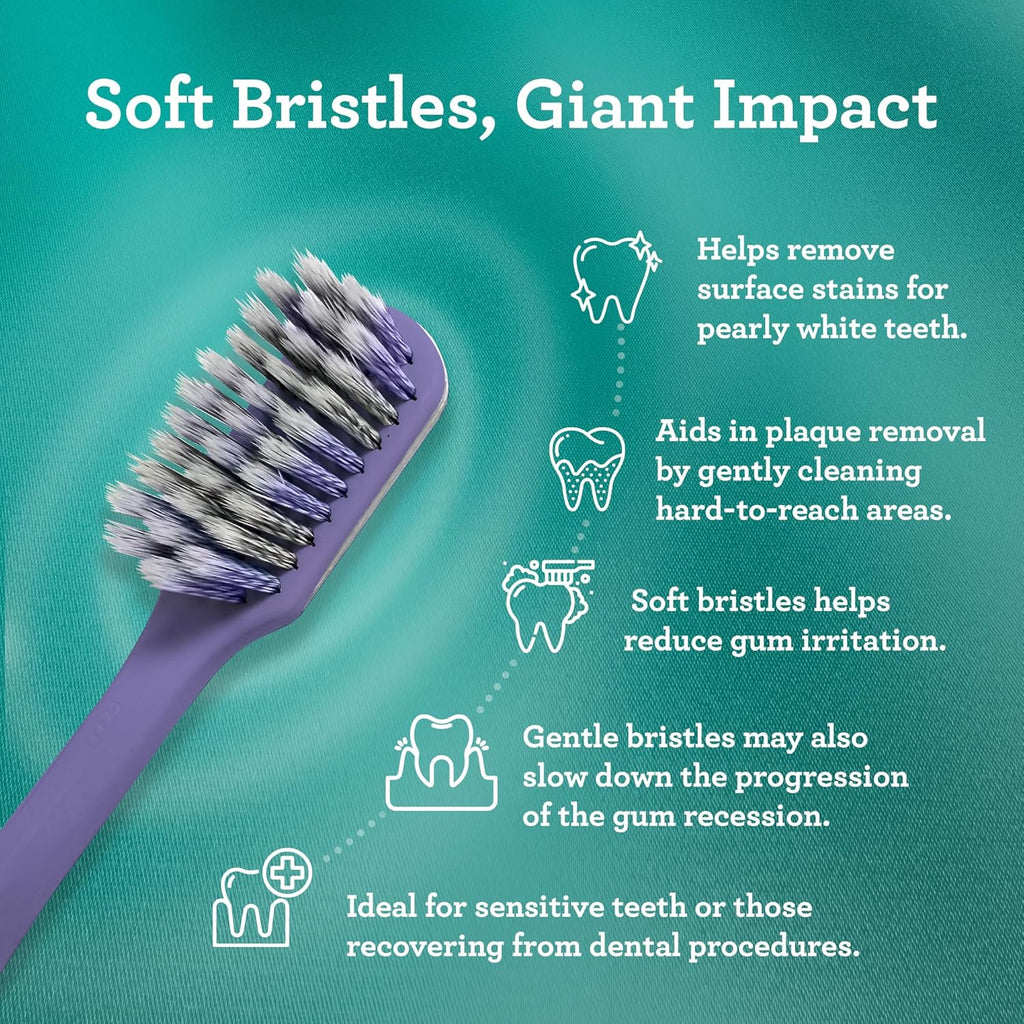 Gentle Giant Toothbrush with Dual Action Flossing Spiral Bristles, Non-Slip Ergo Dexa Grip, Helps in Teeth Whitening, BPA Free Manual Toothbrushes, Assorted Colors, 4 Count