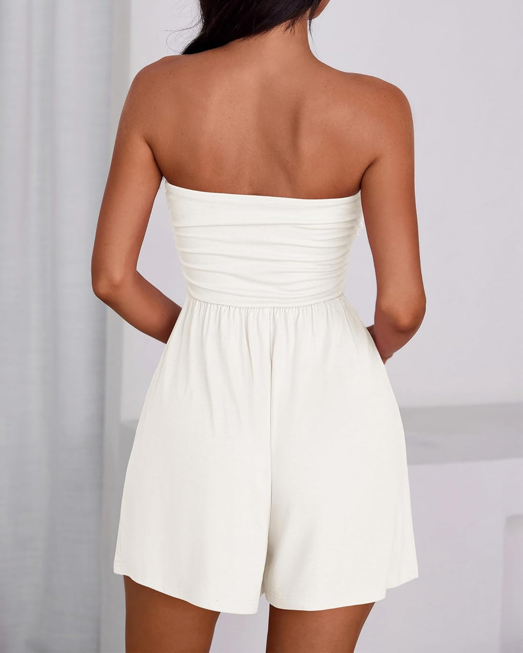 Womens Romper Summer 2026 Strapless Tube Tops Beach Vacation Clothes Boho Loose Spring Shorts Jumpsuits Pockets