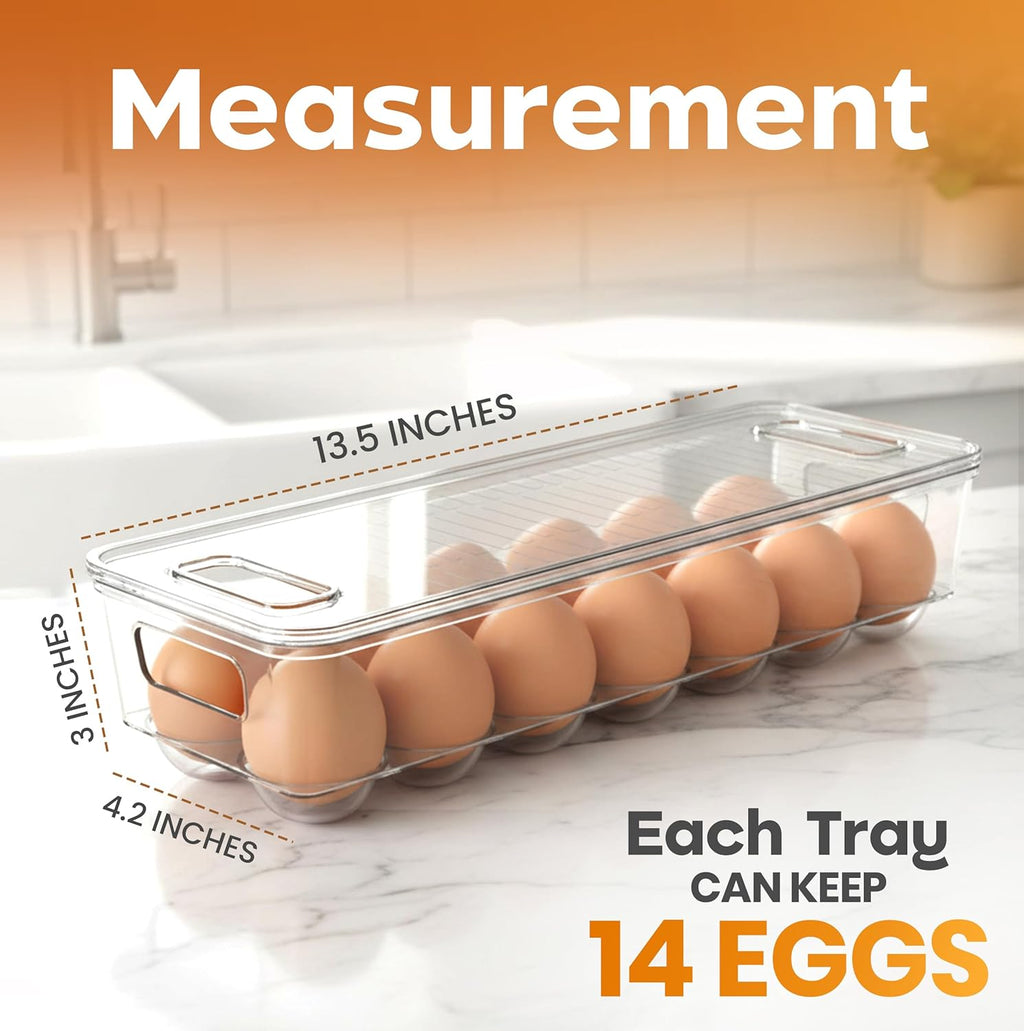 Egg Container with Lid and Handle for Refrigerator Organization- Pack of 2 - Clear Stackable Egg Holder for Kitchen or Pantry Organizers and Storage