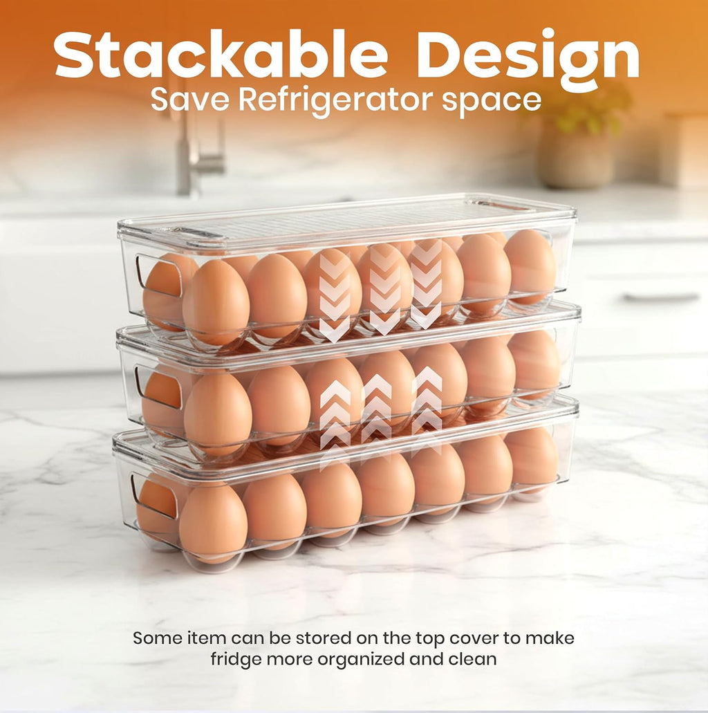 Egg Container with Lid and Handle for Refrigerator Organization- Pack of 2 - Clear Stackable Egg Holder for Kitchen or Pantry Organizers and Storage