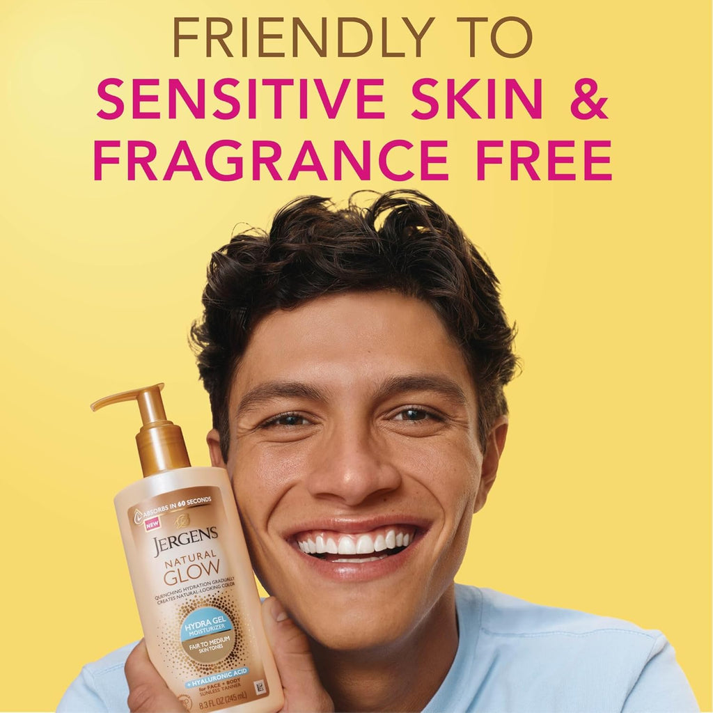 Natural Glow Hydra Gel Moisturizer, Gradual Tanning Lotion with Hyaluronic Acid, Hydrating Tanning Gel, Fragrance-Free Self Tanner, Fair to Medium Skin Tone, 8.3 Fl Oz