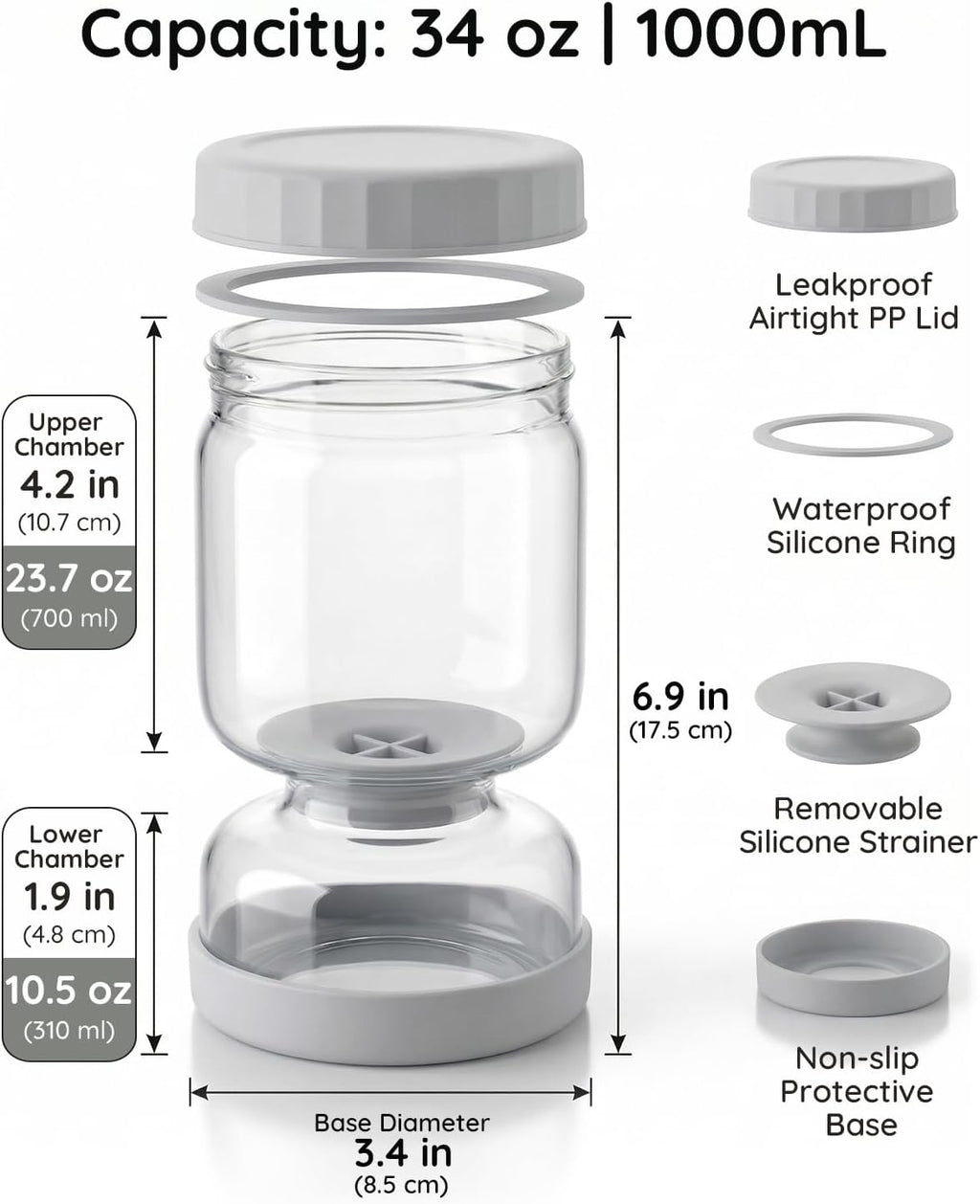 Pickle and Olive Hourglass Jar with Strainer Flip for Pickle Juice Separator from Wet and Dry, Upgrade Food-Grade ABS Lid and BPA Free Hourglass Jar for Airtight Storage