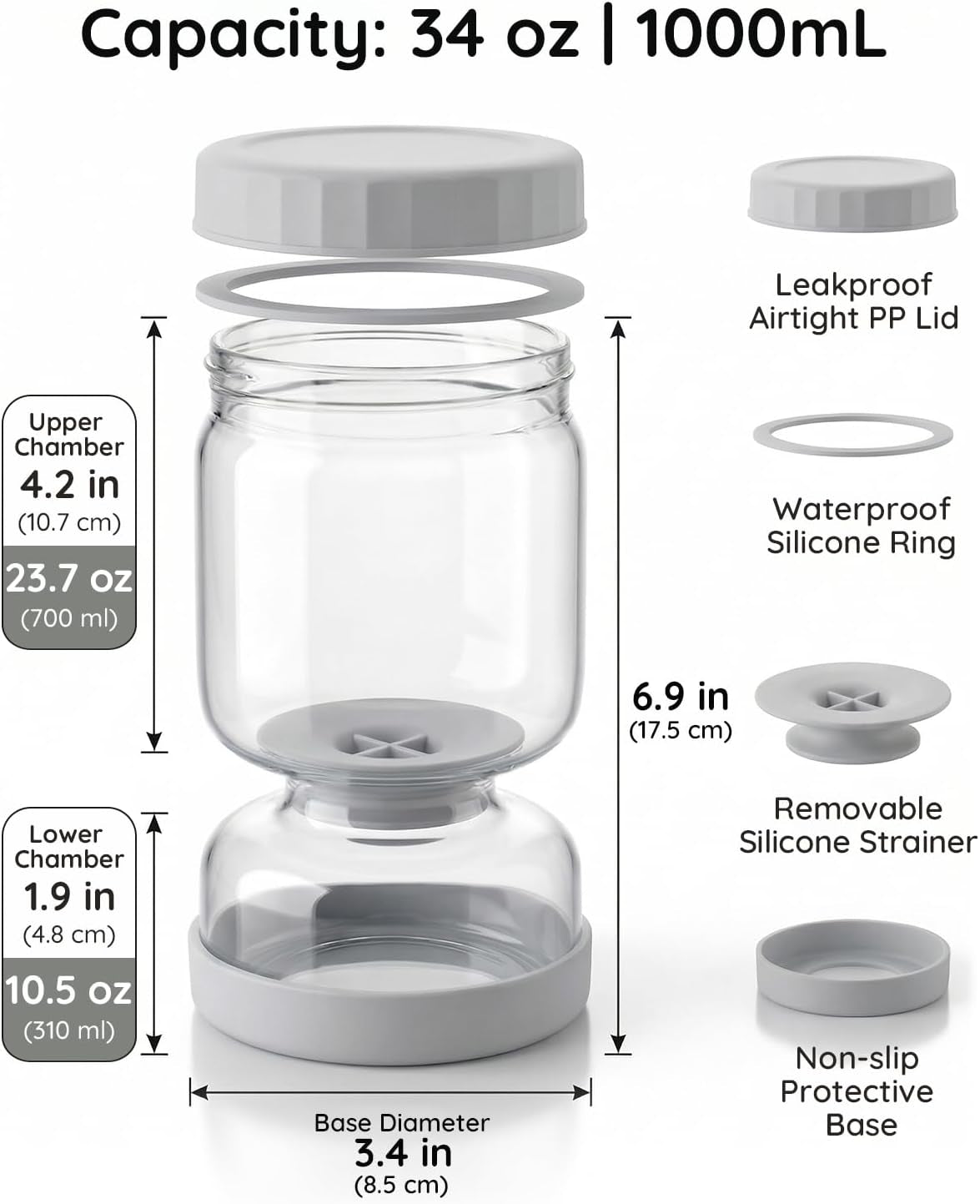 Pickle and Olive Hourglass Jar with Strainer Flip for Pickle Juice Separator from Wet and Dry, Upgrade Food-Grade ABS Lid and BPA Free Hourglass Jar for Airtight Storage