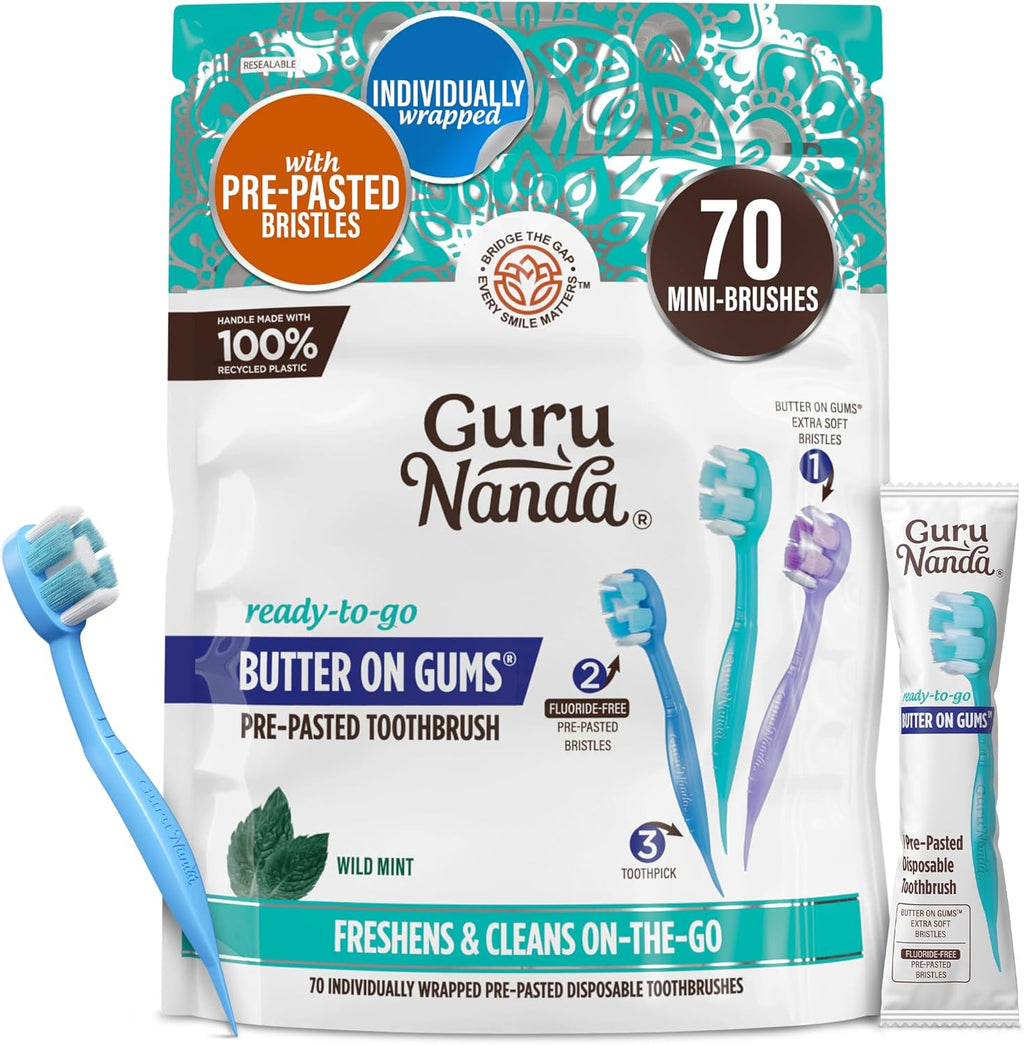 Ready-To-Go Disposable Mini Travel Toothbrush - Butter on Gums Softex Bristles, Prepasted Toothbrush & Toothpick - Fluoride-Free, No Rinsing Needed, Individually Wrapped, 70 Ct