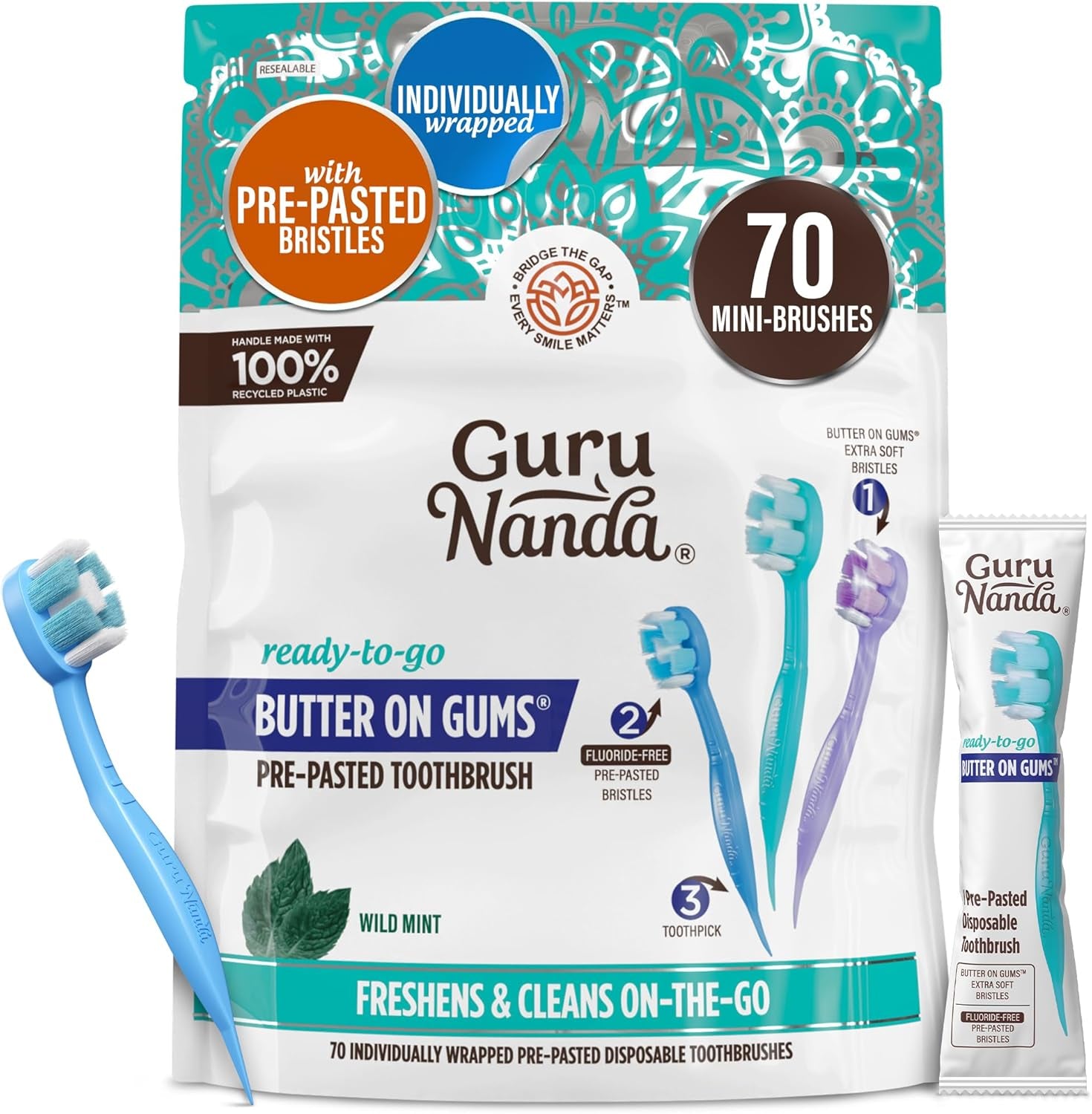 Ready-To-Go Disposable Mini Travel Toothbrush - Butter on Gums Softex Bristles, Prepasted Toothbrush & Toothpick - Fluoride-Free, No Rinsing Needed, Individually Wrapped, 70 Ct