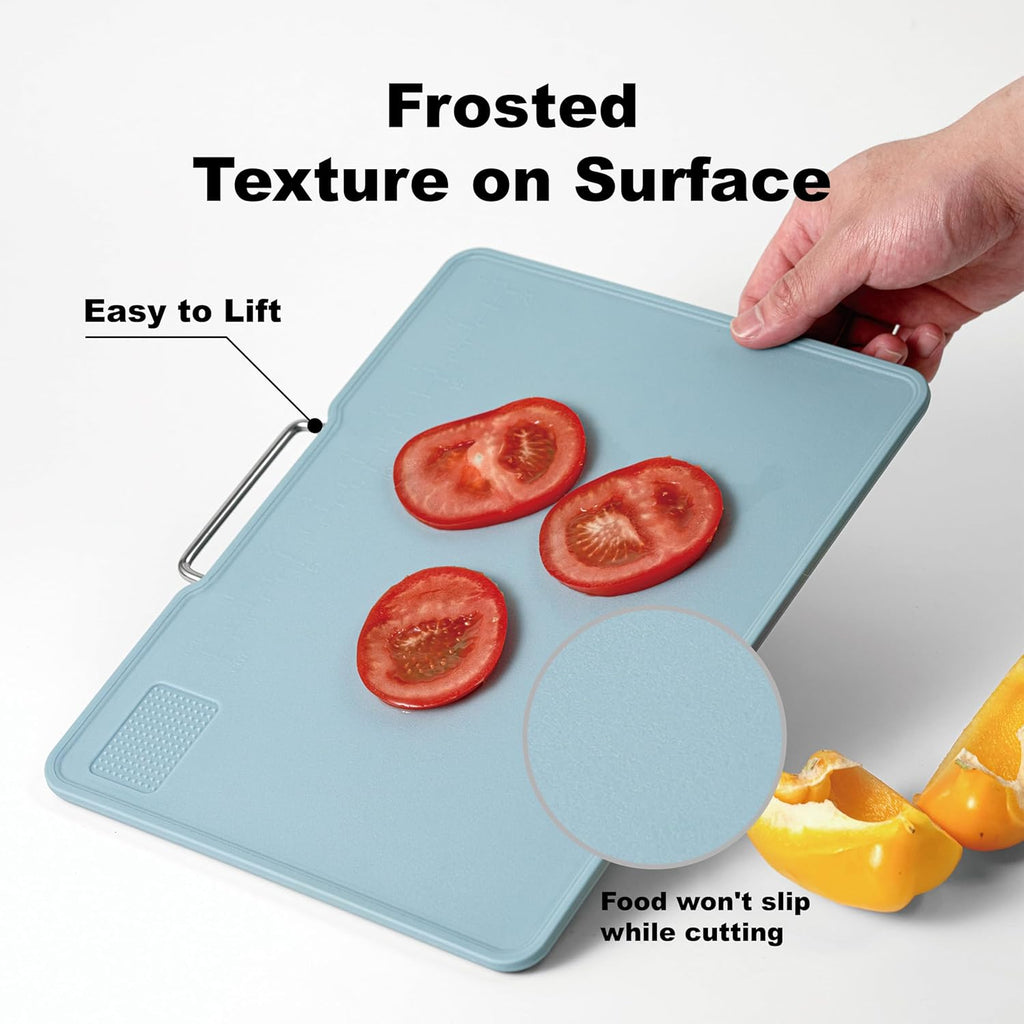 Plastic Cutting Boards with Grinding Area and Measurement, Cutting Boards for Kitchen Dishwasher Safe, Set of 3 with Holder, Non-Slip Design, Stainless Steel Handle, Blue
