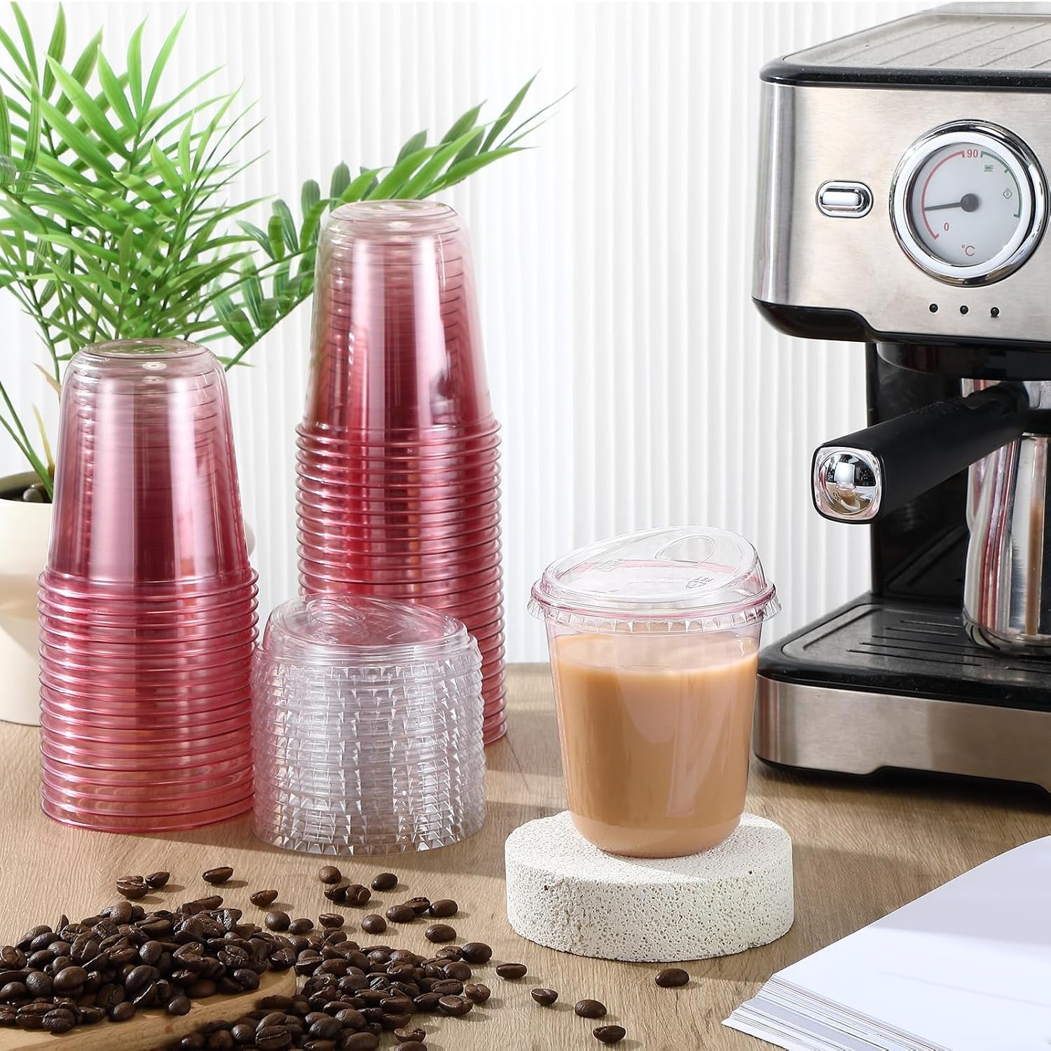 50 Sets Clear Plastic Coffee Cups with Sip Lids, Disposable Plastic PET Crystal Cups for Iced Coffee, Smoothie, Cold Beverage, Drink Shops and Party Catering (Clear Pink,14 Oz)