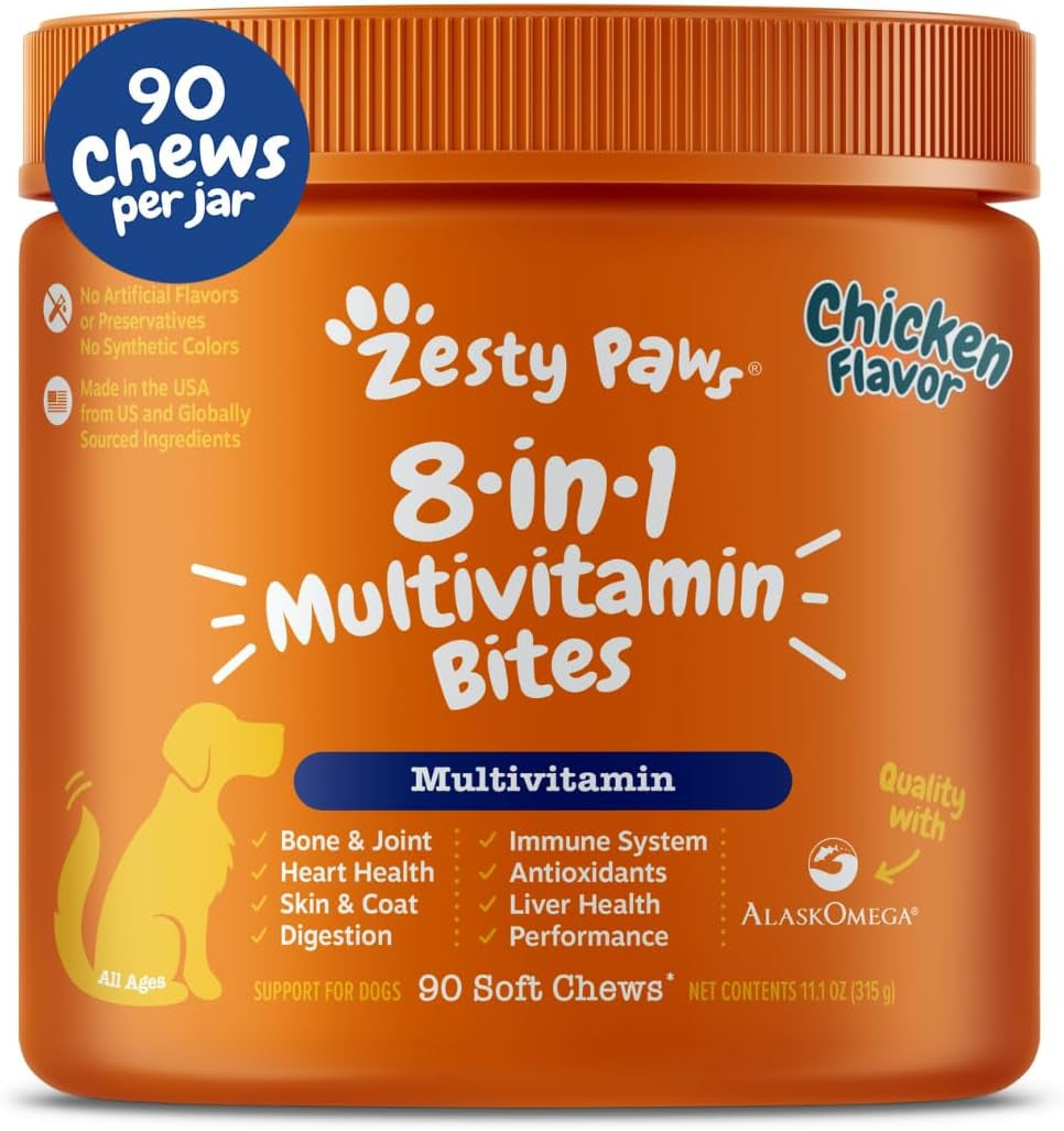Zesty Paws Dog Multivitamin, Chewable Dog Vitamins and Supplements for Hip & Joints, Skin & Coat, Omega 3 Fish Oil for Dogs- Senior & Puppy Multivitamin- Chicken- 90Ct