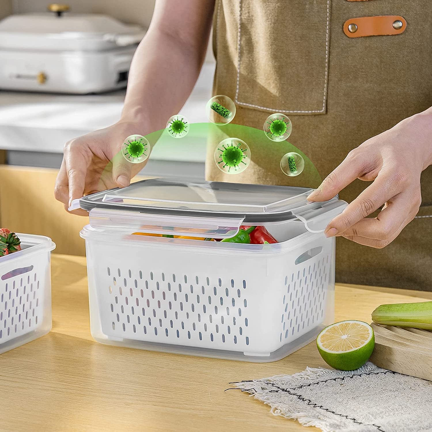 5 PCS Large Fruit Containers for Fridge - Leakproof Food Storage Containers with Removable Colander - Dishwasher & Microwave Safe Produce Containers Keep Fruits, Vegetables, Berry, Meat Fresh Longer