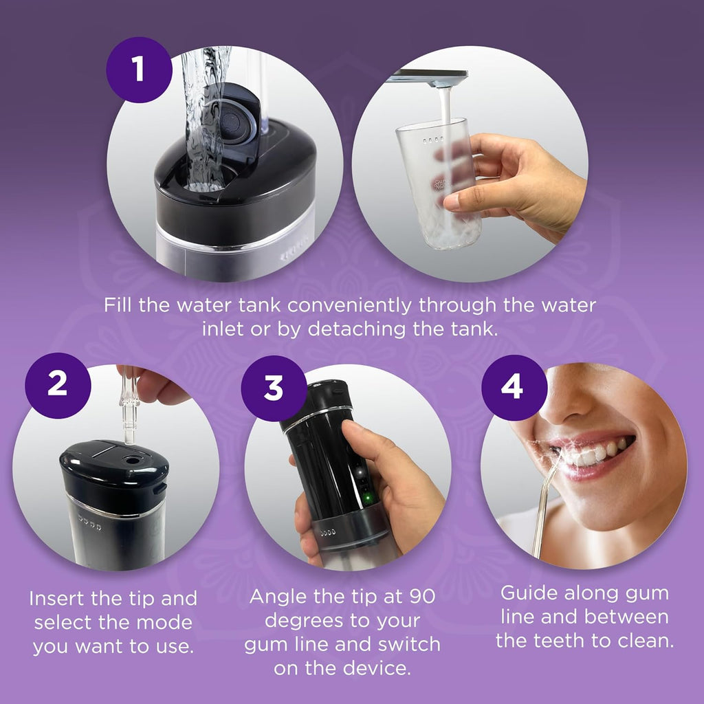 Compact Water Dental Flosser, Portable Travel Size Oral Irrigator Flosser with Collapsible 180 Ml Tank, Smart Timer, 4 Flossing Modes, Tsa-Friendly - Black