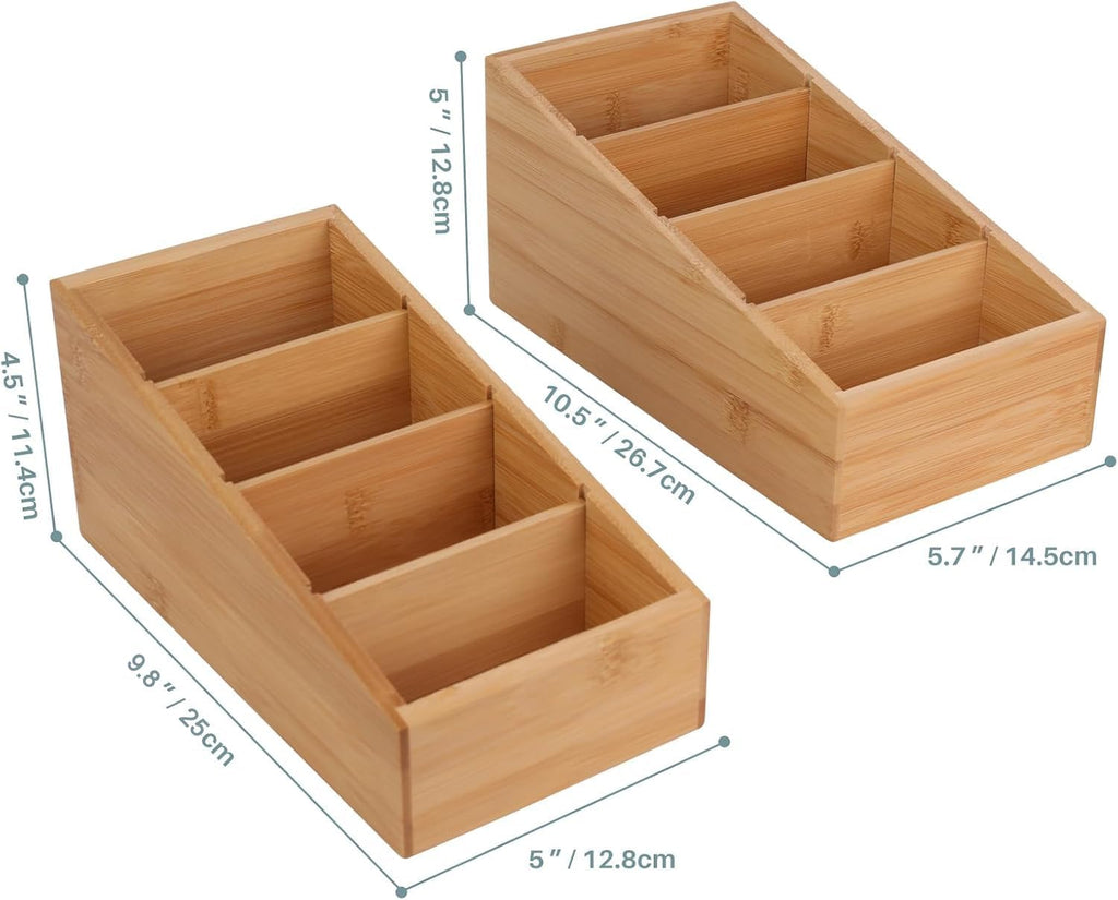 4-Section Snack Organizer with Removable Dividers for Kitchen, Cabinet, Office, Countertop, 2 Pack Bamboo Pantry Storage Organization for Spice Packets, Seasoning Pouches, Coffee Pods