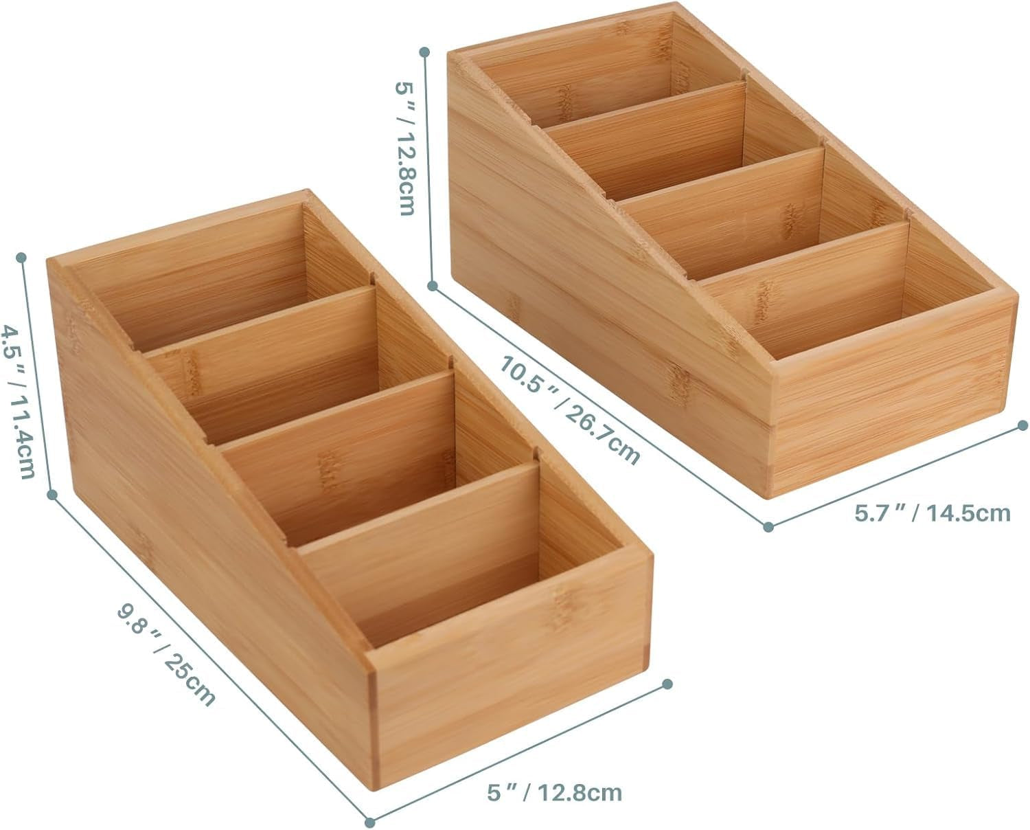 4-Section Snack Organizer with Removable Dividers for Kitchen, Cabinet, Office, Countertop, 2 Pack Bamboo Pantry Storage Organization for Spice Packets, Seasoning Pouches, Coffee Pods